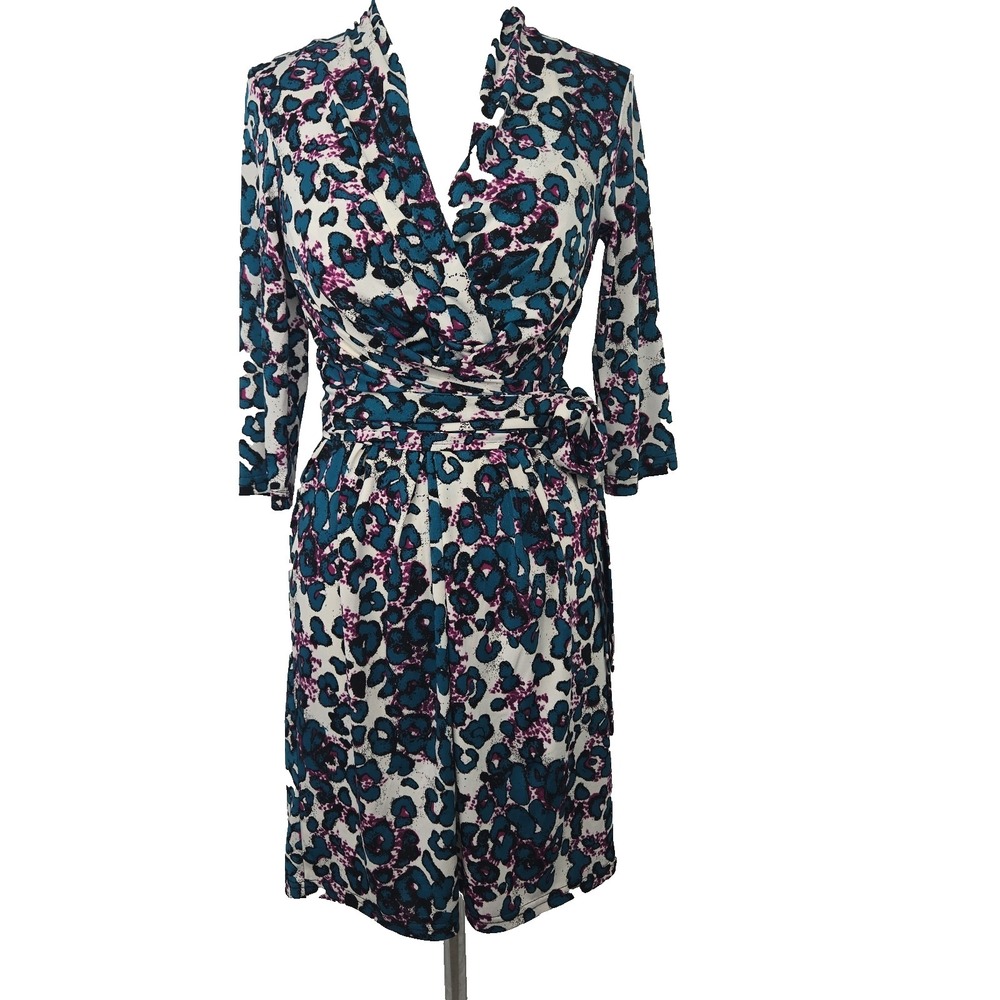 Jo Borkett SMALL Teal Animal Print Faux Wrap 3/4 Sleeve Dress V-neck
